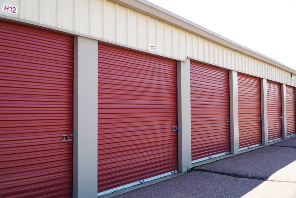 Exterior of a row of self-storage units at Store & Fetch on W. Maple Street.